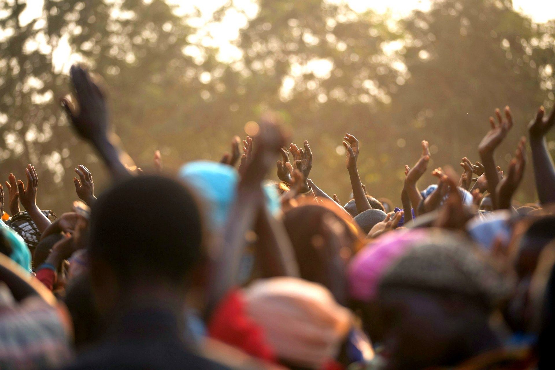 A crowd raising their hands outdoors in warm sunlight