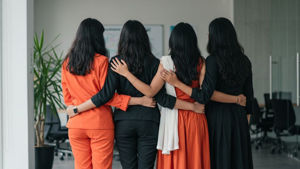 Four women standing arm in arm, seen from behind